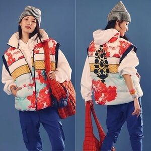 Free People NWT- Floral Puffer Vest with Red and Blue Accents